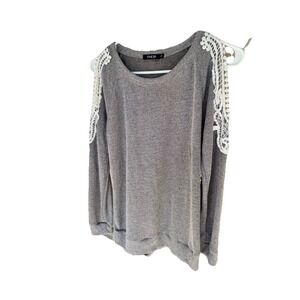 Finejo Women's Gray Lace Split Shoulder Long Sleeve Size Small Top, Shirt